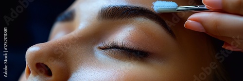 A close-up portrait of a young woman receiving facial sugar waxing, showing her relaxed and comfortable with a beautician working gently on her upper lip.