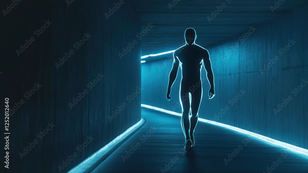 Fototapeta premium Solitary Figure Walking Through a Neon-Lit Tunnel