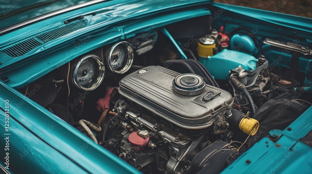 Teal classic car engine, outdoor detail, restoration Teal classic car engine, outdoor detail, restoration