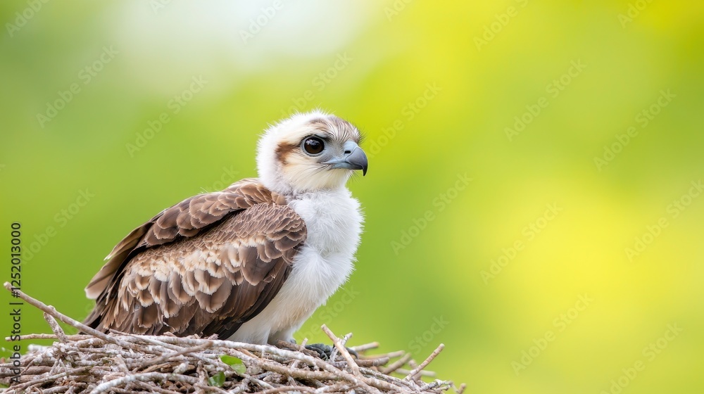 Young falcon chick in nest, green background, wildlife