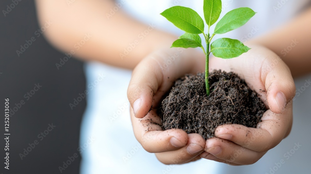 Child's hands holding sapling, growth, sustainability Child's hands holding sapling, growth, sustainability