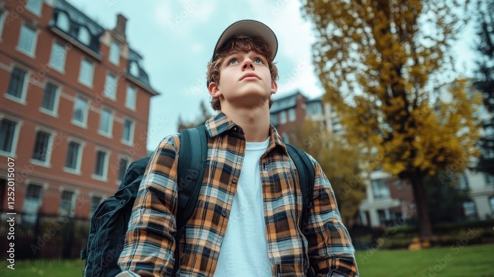 Embark on a journey of knowledge and discovery with this inspiring image featuring a bright-eyed college freshman gazing up at the majestic university building, ready for an exciting academic Embark on a journey of knowledge and discovery with this inspiring image featuring a bright-eyed college freshman gazing up at the majestic university building, ready for an exciting academic