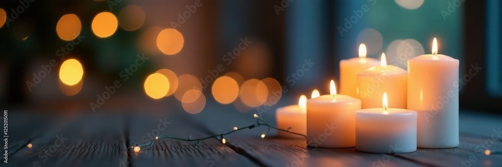 Cluster of white pillar candles and string lights, bokeh effect , texture, illumination, glow Cluster of white pillar candles and string lights, bokeh effect , texture, illumination, glow