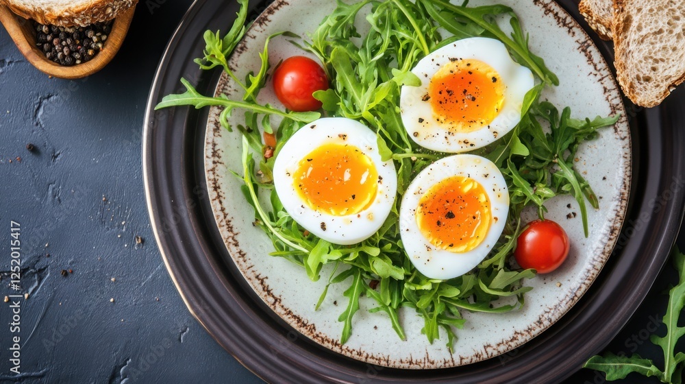 healthy and appetizing breakfast Close-up shot of a bowl filled with rice, three soft-boiled eggs garnished with chives, and lettuce, perfect for a nutritious meal. healthy and appetizing breakfast Close-up shot of a bowl filled with rice, three soft-boiled eggs garnished with chives, and lettuce, perfect for a nutritious meal.