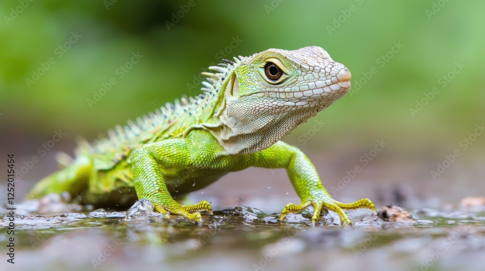 Fototapeta premium Young lizard near water, vibrant green scales, natural setting