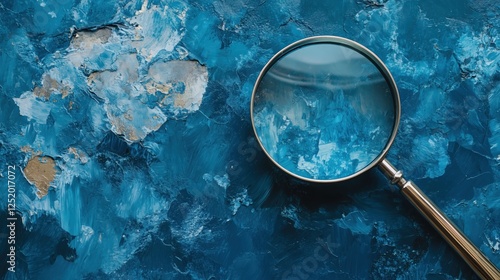 A magnifying glass lays on a blue surface, sharply enlarging the fine details. photo