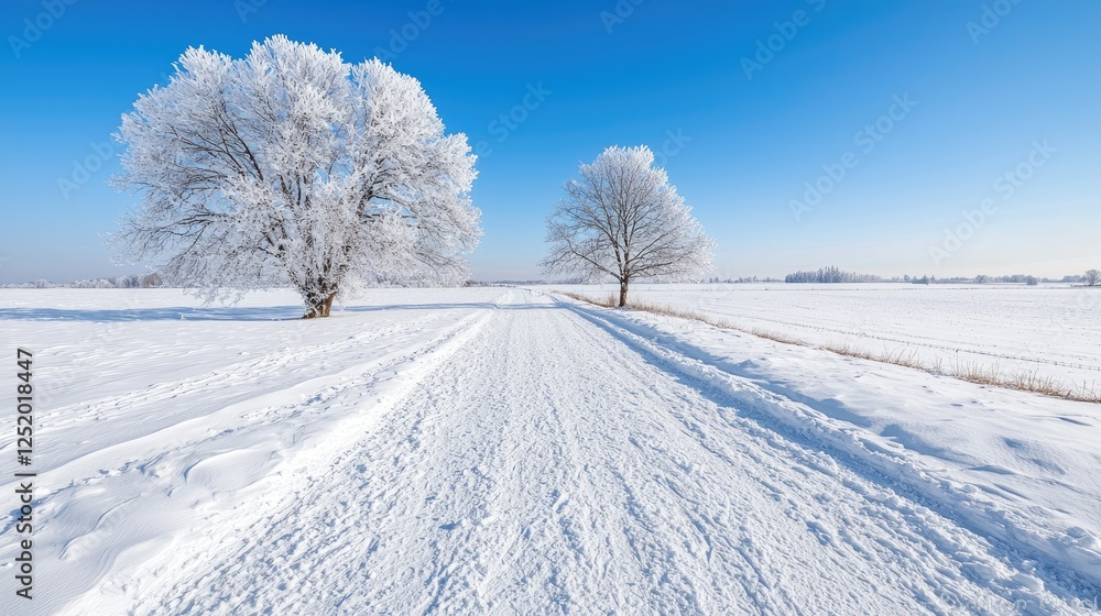 Fototapeta premium Frosty winter road between trees, snowy field background, tranquil winter landscape, ideal for calendars