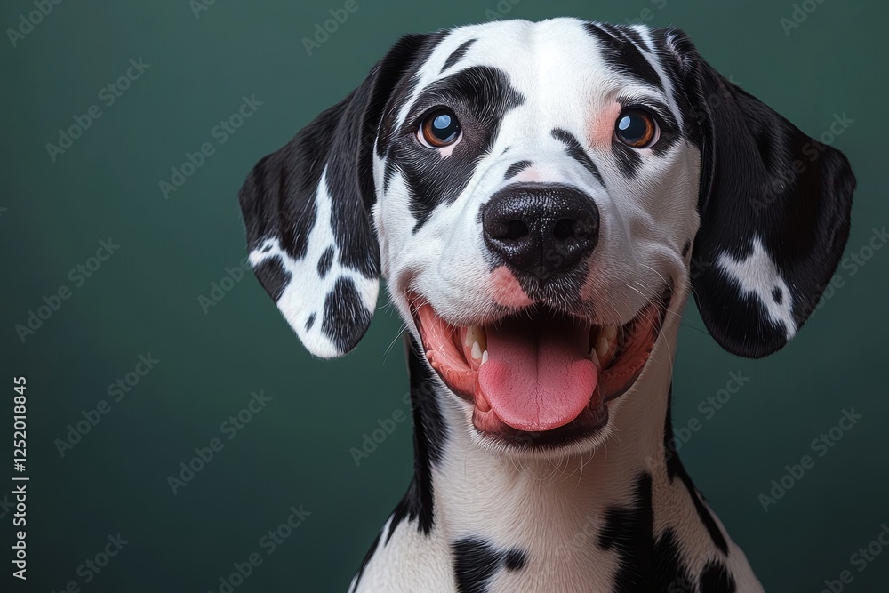 A close-up portrait of a happy Dalmatian dog against a green background. A close-up portrait of a happy Dalmatian dog against a green background.