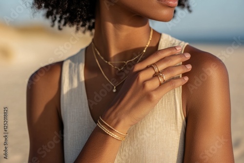Golden Hour Elegance:  A woman showcasing delicate gold jewelry against a sun-kissed beach backdrop.