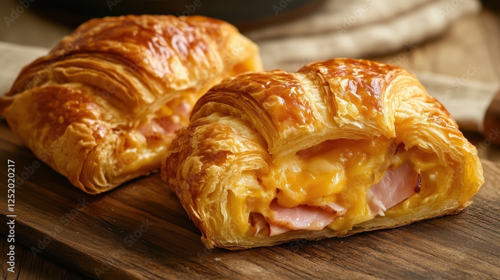 Flaky golden croissants, sliced open to expose a rich, gooey ham and melted cheese filling, making for a warm and indulgent breakfast treat. Flaky golden croissants, sliced open to expose a rich, gooey ham and melted cheese filling, making for a warm and indulgent breakfast treat.