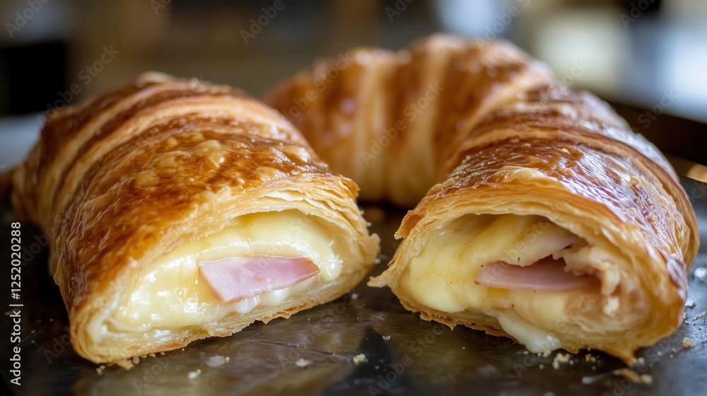 Flaky golden croissants, sliced open to expose a rich, gooey ham and melted cheese filling, making for a warm and indulgent breakfast treat.
