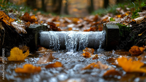 Autumn stream flows through pipe, forest background