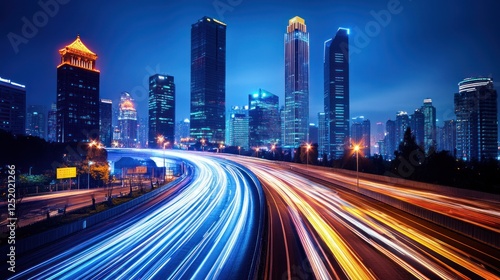 Night Cityscape:  Vibrant Metropolis at Night with Light Trails on Highway