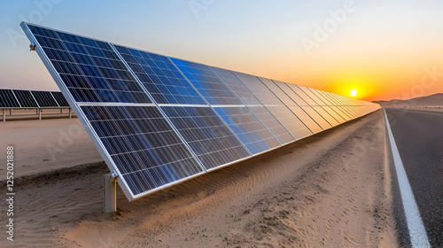 Desert solar farm sunset energy road