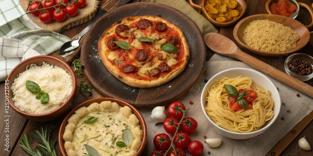 Italian Cuisine Spread on a Rustic Table with Pasta, Pizza, and Fresh Ingredients Italian Cuisine Spread on a Rustic Table with Pasta, Pizza, and Fresh Ingredients