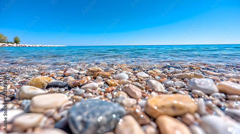 Pebbles, clear water, sunny beach, calm sea. Summer vacation travel photo Pebbles, clear water, sunny beach, calm sea. Summer vacation travel photo