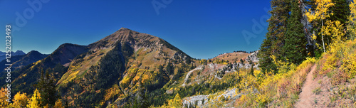 Box Elder Peak view looking up from hiking trail, American Fork Canyon. Wasatch Range Rocky Mountains, Utah, United States. photo