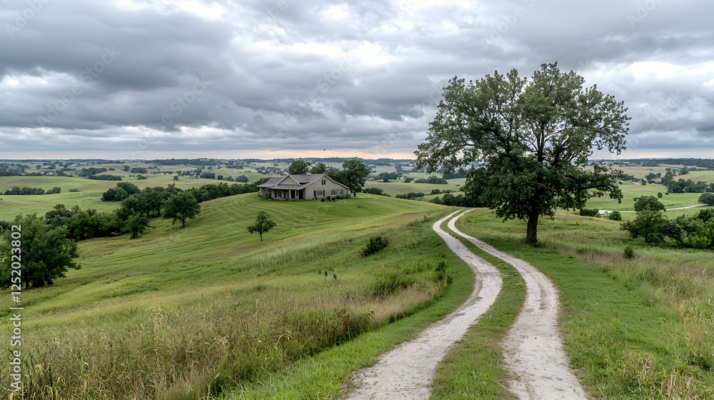Rural house on hilltop, winding road, cloudy sky, idyllic landscape, real estate Rural house on hilltop, winding road, cloudy sky, idyllic landscape, real estate