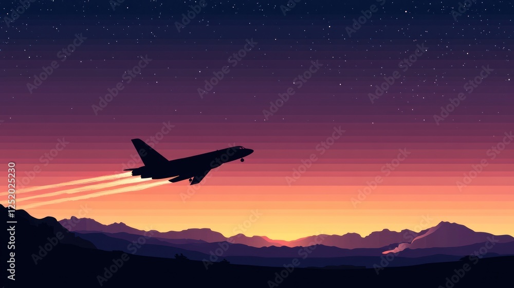 Airplane taking off against a vibrant sunset over mountain silhouettes, with stars emerging Airplane taking off against a vibrant sunset over mountain silhouettes, with stars emerging