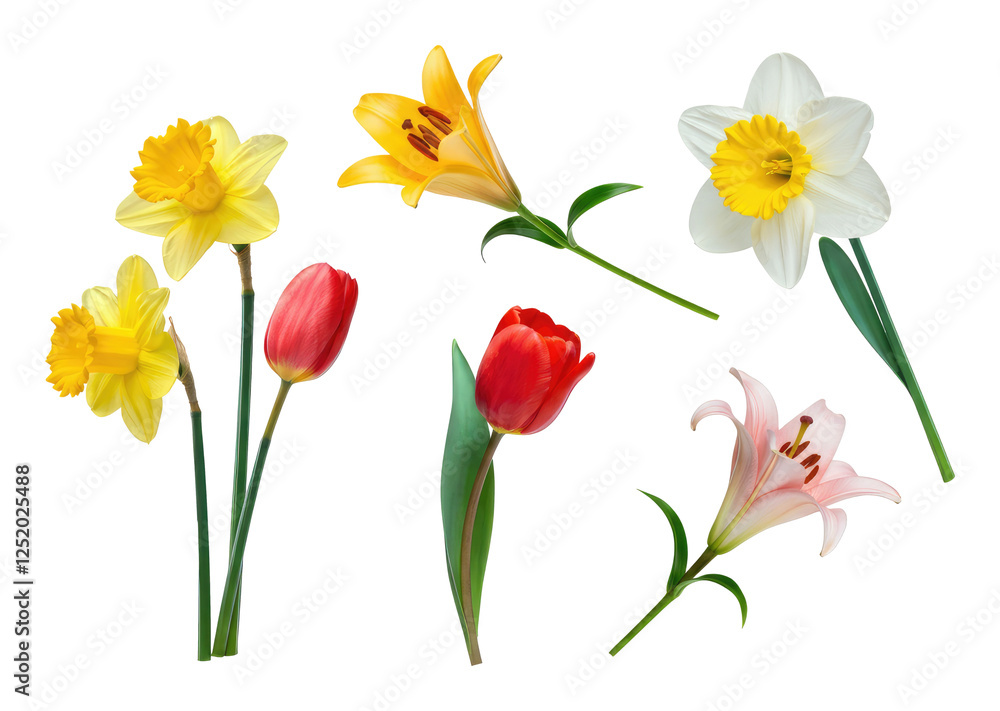 Collection of colorful spring flowers including daffodils, lilies, and tulips isolated on transparent background Collection of colorful spring flowers including daffodils, lilies, and tulips isolated on transparent background