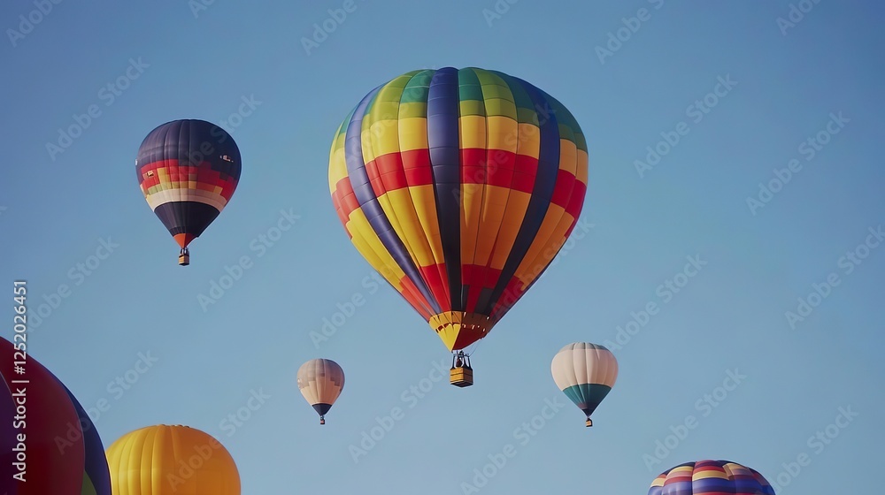 Fototapeta premium A colorful hot air balloon festival with balloons of various shapes and sizes rising against a clear blue sky.