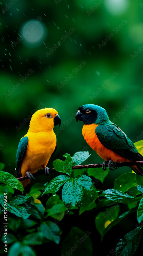 Two parrots sitting on a branch in the rain Two parrots sitting on a branch in the rain
