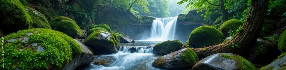 Obraz premium Gentle waterfall cascading over moss-covered boulders in a shaded area, forest, fog, mist