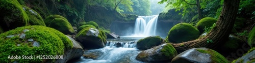Gentle waterfall cascading over moss-covered boulders in a shaded area, forest, fog, mist