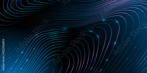 Luminous flowing lines in blue, purple and teal tones over a dark background. Abstract Background for advertising campaigns, digital interfaces, data visualisation. Copy space