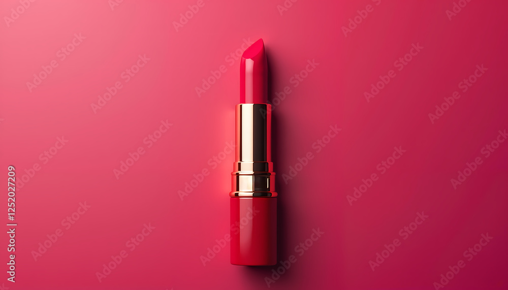 Elegant red lipstick with gold casing on a smooth monochrome pink background Elegant red lipstick with gold casing on a smooth monochrome pink background