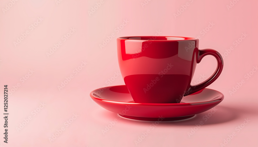 Glossy red ceramic coffee cup with matching saucer on a pastel pink background Glossy red ceramic coffee cup with matching saucer on a pastel pink background