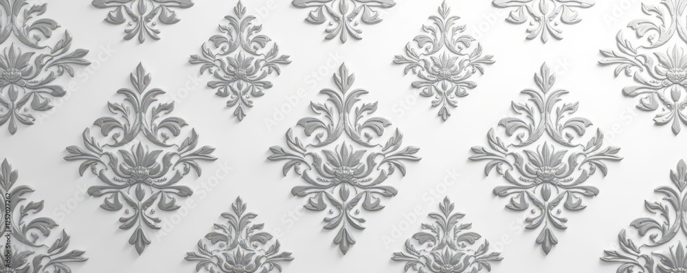 Silver-toned floral damask on white Sophisticated wallpaper, refined texture , seamless, shiny, vintage Silver-toned floral damask on white Sophisticated wallpaper, refined texture , seamless, shiny, vintage