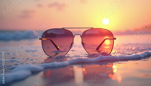 Wallpaper Mural Sunglasses with pink tinted lenses reflecting sunset on wet beach shore with waves Torontodigital.ca
