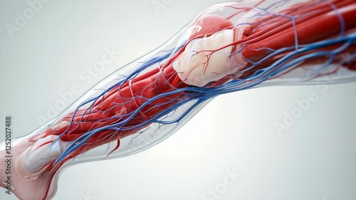 Schematic transparent human leg showing muscles, blood vessels, bone and tendons, isolated on light background. Medical concept of orthopedic anatomy and vascular system