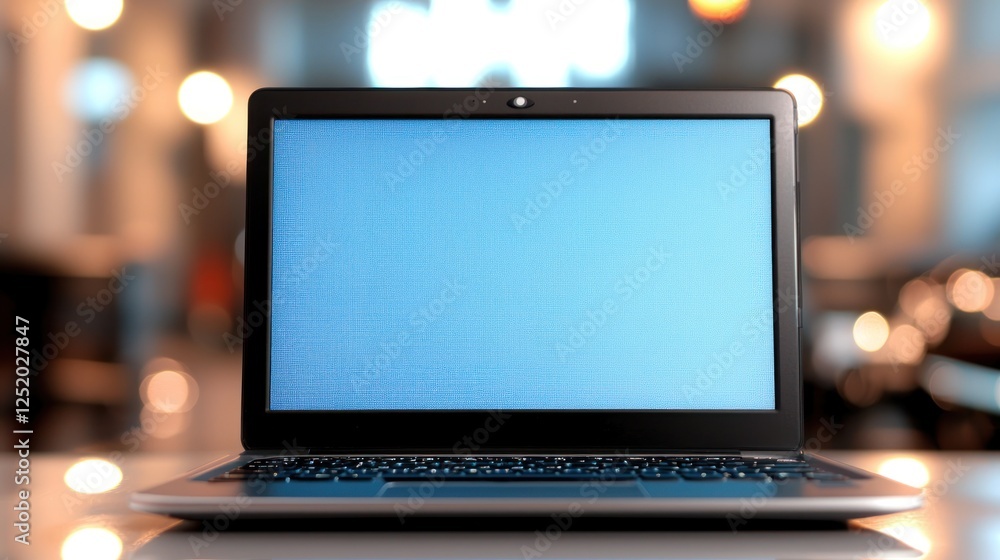 Laptop screen mockup, cafe bokeh background, website design Laptop screen mockup, cafe bokeh background, website design