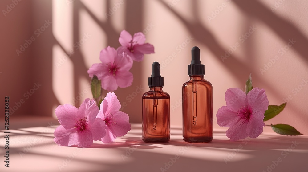 Pink flowers, amber bottles, skincare products, sunlit background, beauty advertisement