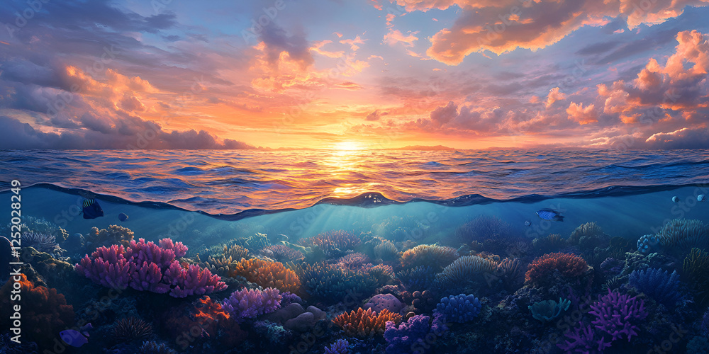 Sunset Over a Vibrant Coral Reef in Shallow Waters Sunset Over a Vibrant Coral Reef in Shallow Waters