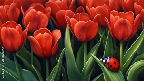 Ladybug crawls along a tulip stem in a vibrant spring garden filled with red flowers. Generative AI