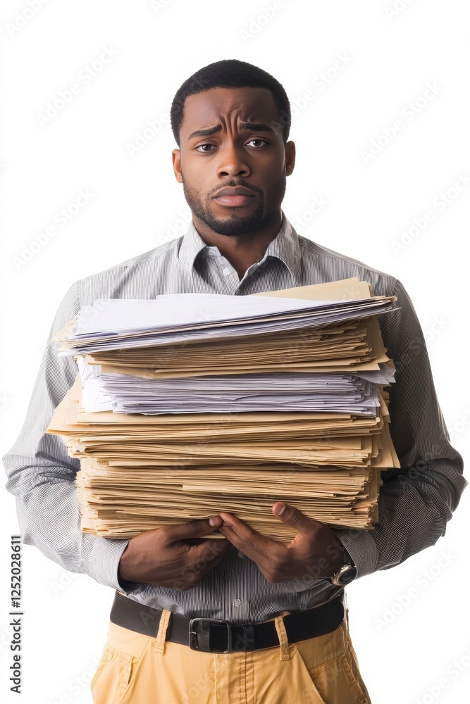 Overwhelmed Businessman Carrying Huge Stack of Documents Overwhelmed Businessman Carrying Huge Stack of Documents