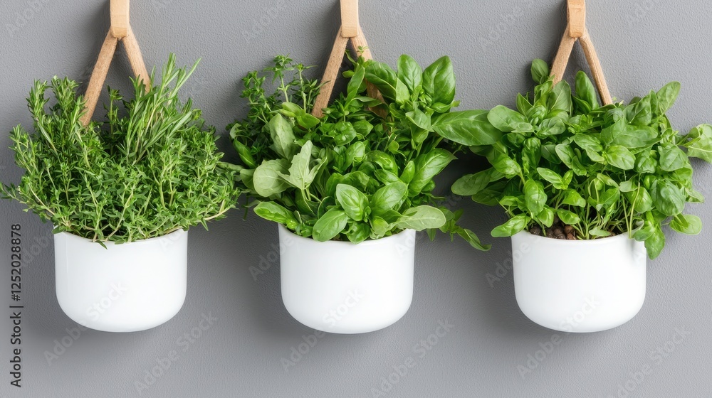 Fototapeta premium Hanging herb garden, kitchen wall, gray background, fresh herbs
