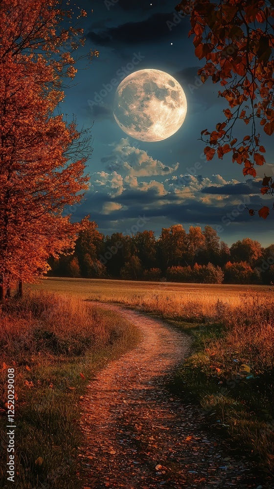 Fototapeta premium Autumnal Path Under Harvest Moon