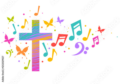 Colorful christian cross with music notes. Religion themed bright colorful background for gospel church music, choir singing, concert, festival, Christianity, prayer. Design with music notes, cross