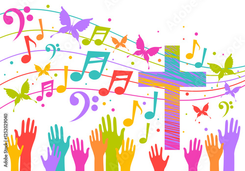 Colorful christian cross with music notes. Religion themed bright colorful background for gospel church music, choir singing, concert, festival, Christianity, prayer. Design with music notes, cross