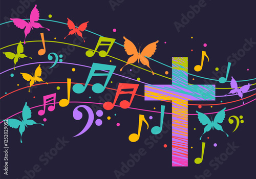 Colorful christian cross with music notes. Religion themed bright colorful background for gospel church music, choir singing, concert, festival, Christianity, prayer. Design with music notes, cross
