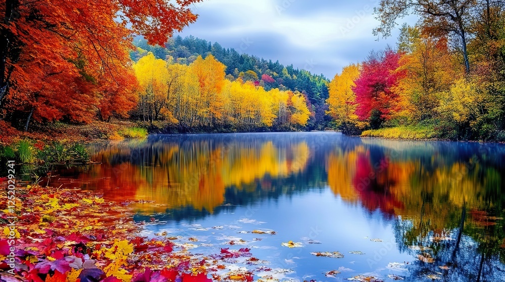 Obraz premium Colorful fall foliage along a winding river with reflections in the water