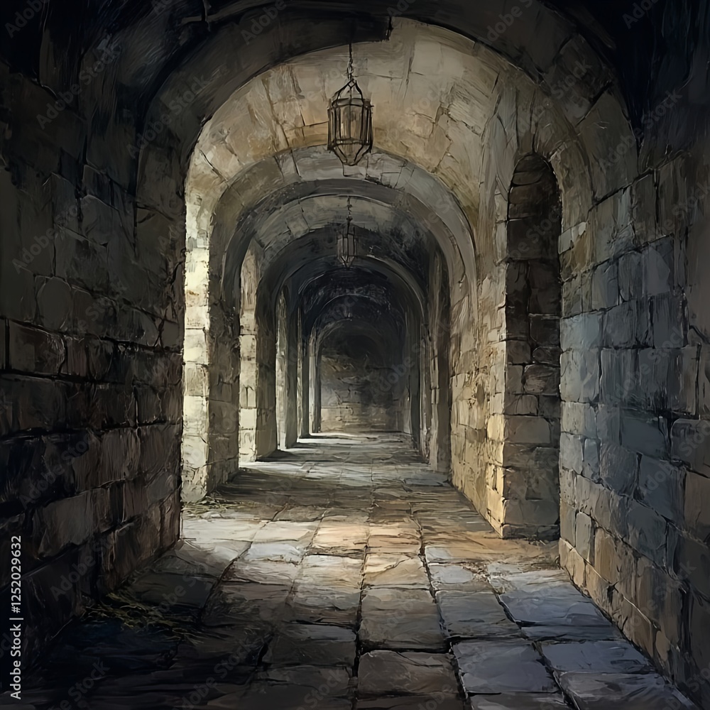 Fototapeta premium A hewn stone corridor. The corridoor is twenty feet wide, but the ceiling lowers periodically to three feet to favor shorter creatures