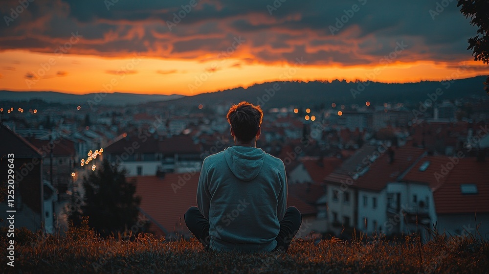 Fototapeta premium Man meditating sunset city view contemplation peace