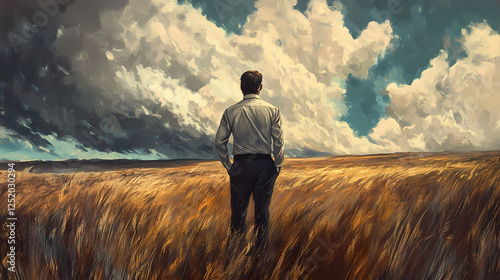 Solitude's embrace: a contemplative businessman finds solace amidst a vast, windswept landscape, his gaze lost in the stormy horizon. Windswept Desolation. Illustration photo