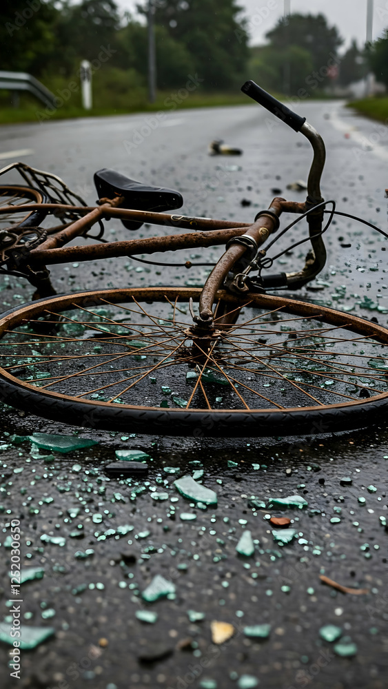 A rusted bicycle lies on a rain-soaked road, surrounded by shards of glass and debris, highlighting the aftermath of an unfortunate incident. It's a somber and reflective moment. A rusted bicycle lies on a rain-soaked road, surrounded by shards of glass and debris, highlighting the aftermath of an unfortunate incident. It's a somber and reflective moment.