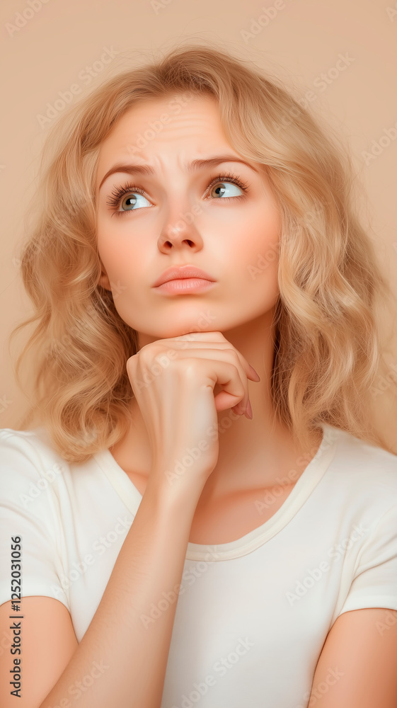 Young blonde woman with thoughtful expression and hand on chin. Young blonde woman with thoughtful expression and hand on chin.